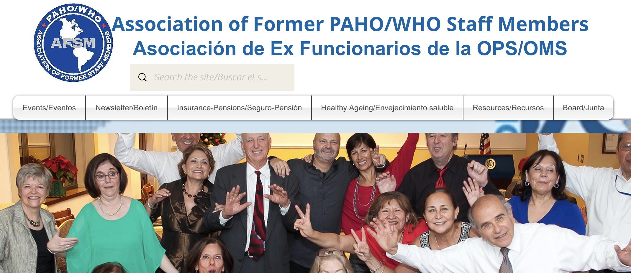 The Pan American Health Organization/World Health Organization Association of Former Staff Members website banner. Below it is a crowd of well-dressed elderly people of multiple races acting silly at a christmas party.