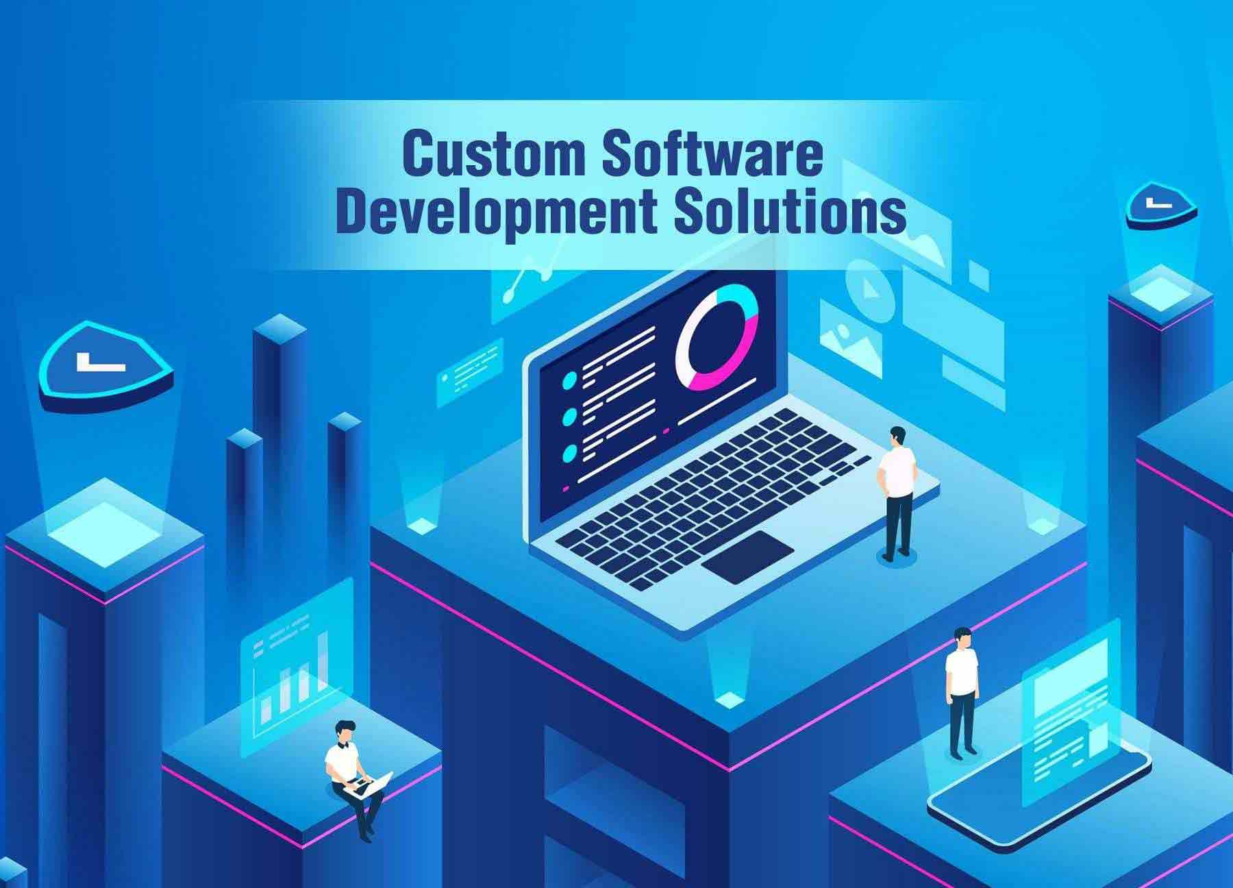 Multiple podiums of varing sizes and heights. The biggest podium is in the center of the screen and has a macbook computer on it with a white male in a white shirt and black pants. Custom software development solutions is written in dark blue in the upper center.