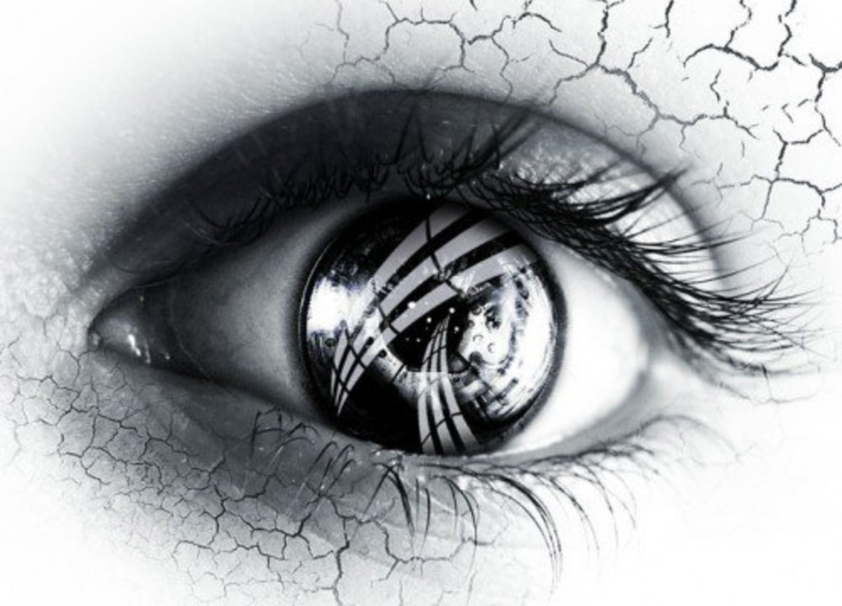 Black and white closeup of an eye with cracks in the skin surrounding it. Reflections of a complex world on the cornea.
