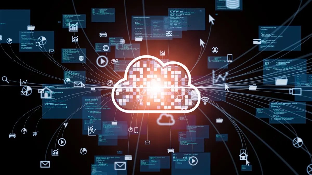 A digital picture of a cloud with grey-scale squares and a bright light in the middle. Arrows eminate from the cloud to multiple computer screens showing computer code and other devices that are usually connected to computers like cars, phones, plots, and other technology symbols.